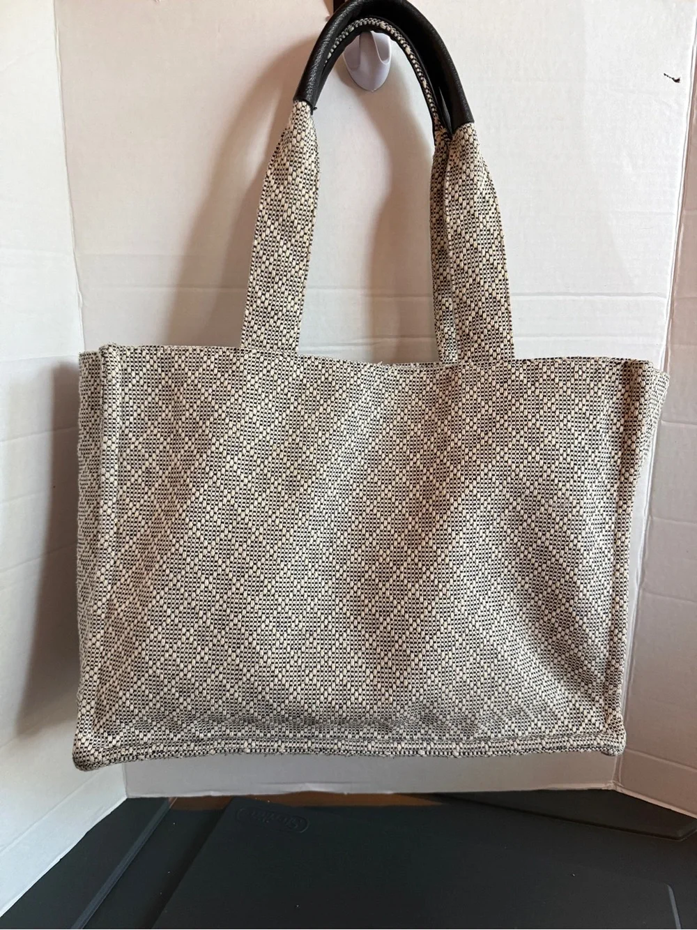 Sonoma Cream and Black Woven Tote with Black Handles